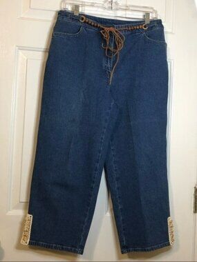 STYLE & Co Vtg Denim Capris with Leather and Wooden Beads at Waist Size 12P